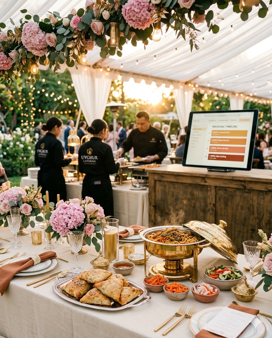 Three integrated services at a Dolan's wedding: a banquet table with Uyghur dishes in foreground, the service team tending the buffet line mid-ground, and the vendor coordination dashboard on a tablet behind — all under golden-hour string lights.