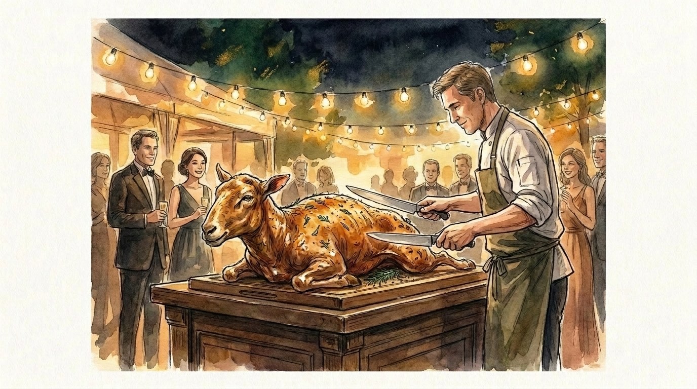 Whole lamb being carved table-side at the wedding reception under string lights