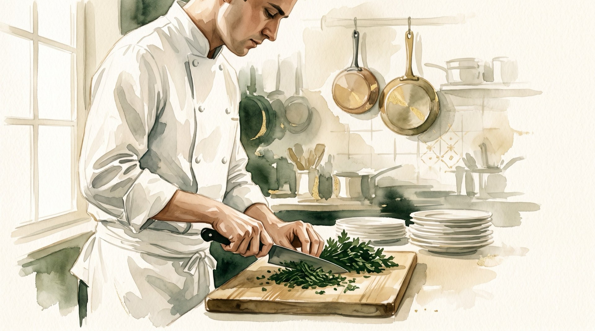 Sous chef preparing herbs