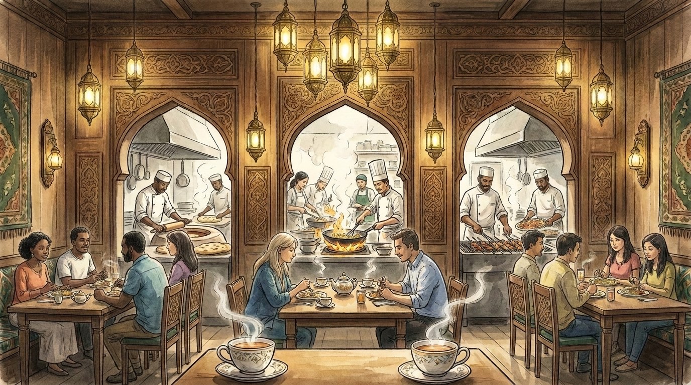 Inside a Dolan's restaurant — warm lanterns, customers dining