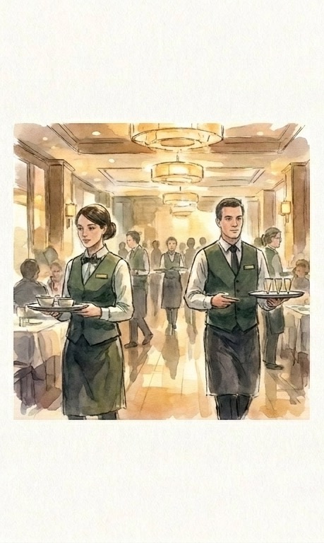 Service team in a softly lit dining room