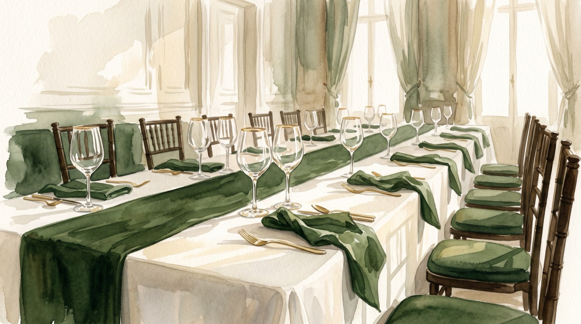 An empty banquet table set in soft afternoon light — the quiet moment before coordination begins.